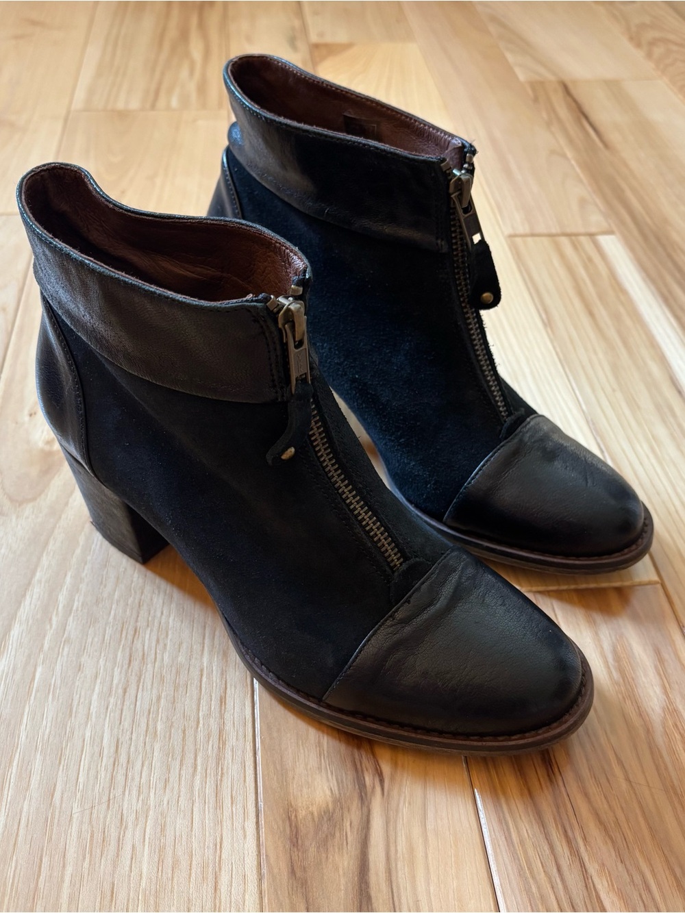 Eric Michael Black Leather and Suede Zip Front Ankle Boots